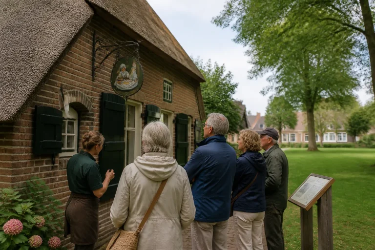 bezoekers bestuderen een pannenkoekenboerderij met rieten dak en informatief bord aan een groene brink