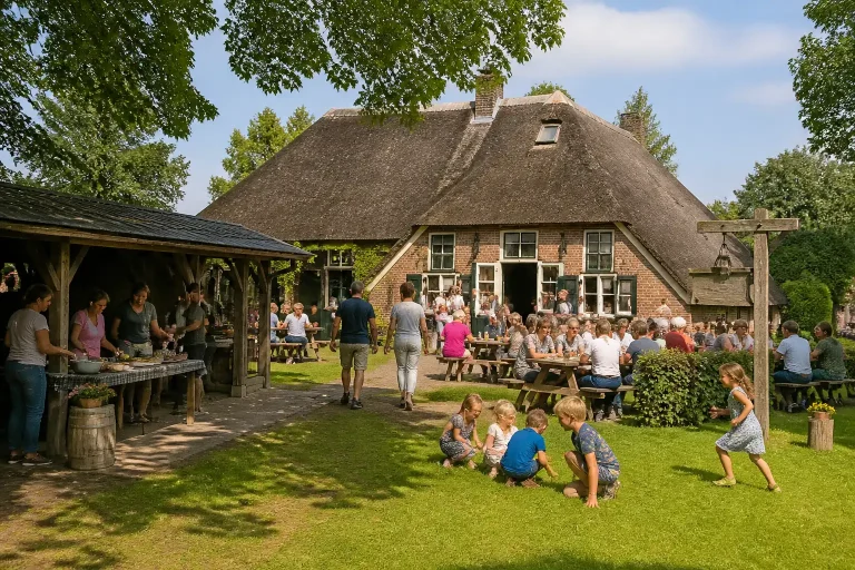 authentieke pannenkoekenboerderij met rieten dak waar verschillende groepen buiten samenkomen aan tafels op de groene brink