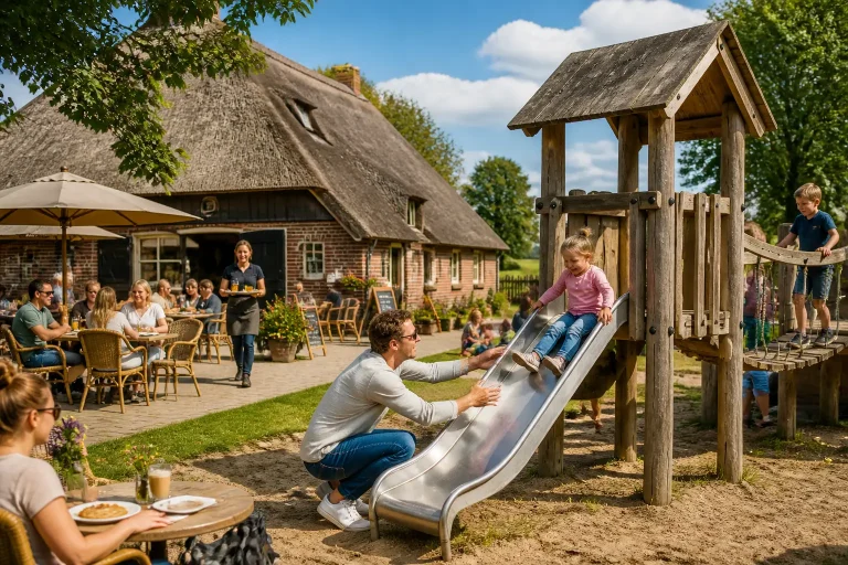 kinderen spelen in een houten speeltuin naast een Drentse boerderij terwijl ouders op het terras zitten