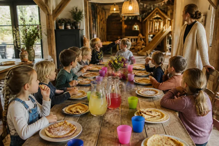kinderen eten pannenkoeken aan een lange houten boerderijtabel met zicht op speelhoek op de achtergrond